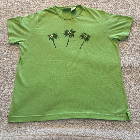 Vintage Basic Editions Women Palm Tree Pullover T Shirt Sequins Size M Green - Picture 3 of 8